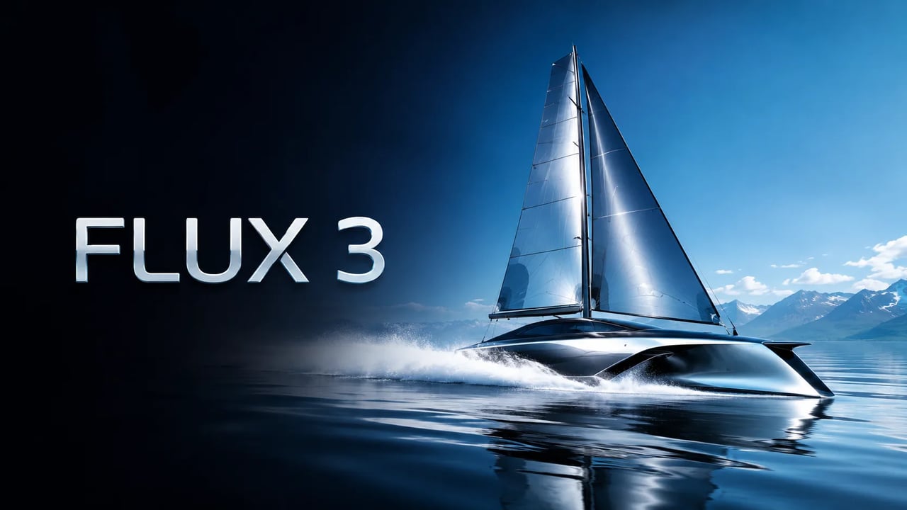 Hero produk FLUX 3 — kiri teks lembut, kanan yacht balap perak di laut terbuka
