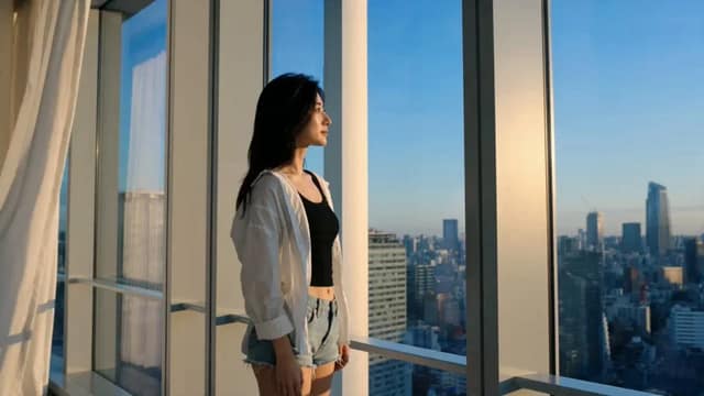 @image1(完全按照该参考图呈现,不进行任何重新设计)年轻女性,黑色长发,白色衬衫外搭黑色背心,牛仔短裤
场景:现代化室内空间,一面巨大落地窗正对着晴朗的