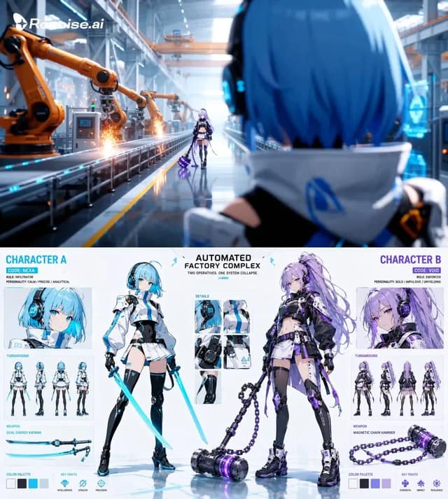 Ultra-detailed 16:9 sci-fi character design sheet, official AAA cyberpunk RPG ch