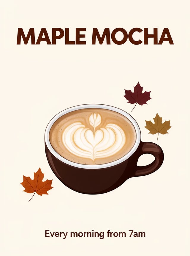 Cafe poster edited by FLUX 3 Klein to read MAPLE MOCHA