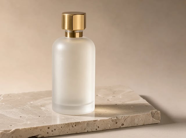 FLUX 3 Klein product shot of a frosted perfume bottle on travertine