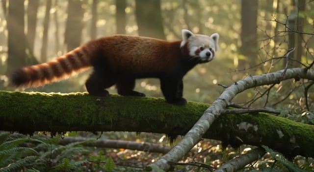 FLUX 3 Max tekst til video — en rød panda går langs en mosegrodd trestamme i morgenlys