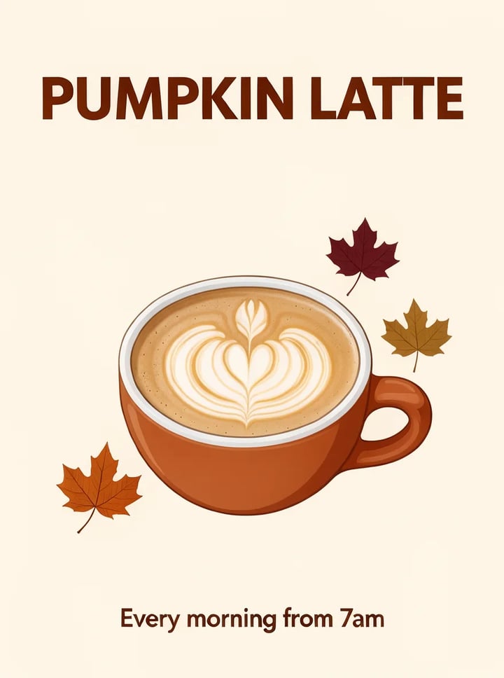Cafe poster reading PUMPKIN LATTE with an orange cup