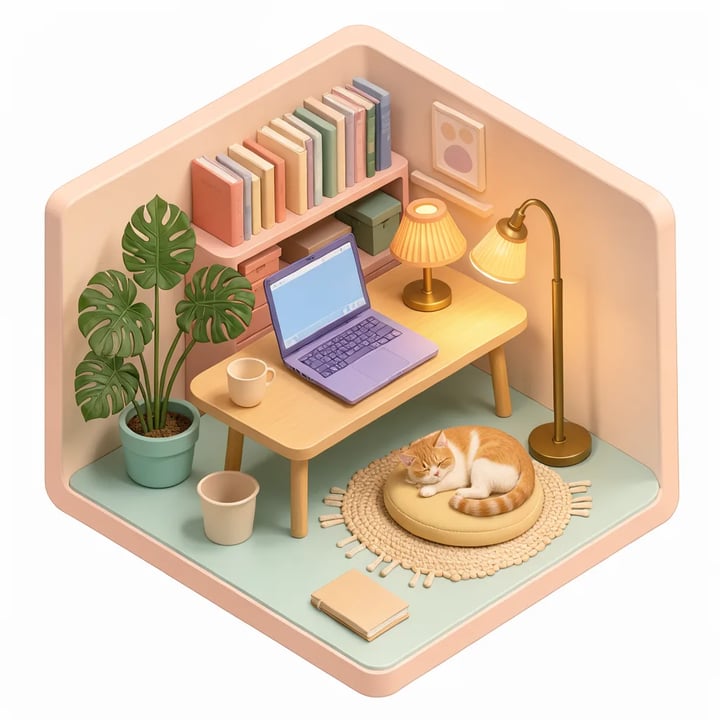 Pastel isometric home office with a laptop, plants and a sleeping cat, made with FLUX 3 Klein