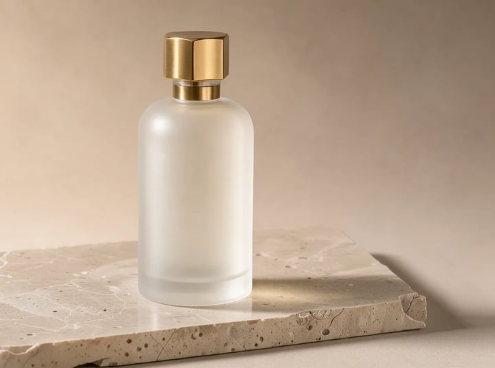 Frosted perfume bottle with a brass cap on a travertine slab