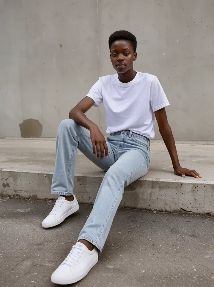 Model on a concrete step in a white t-shirt and jeans