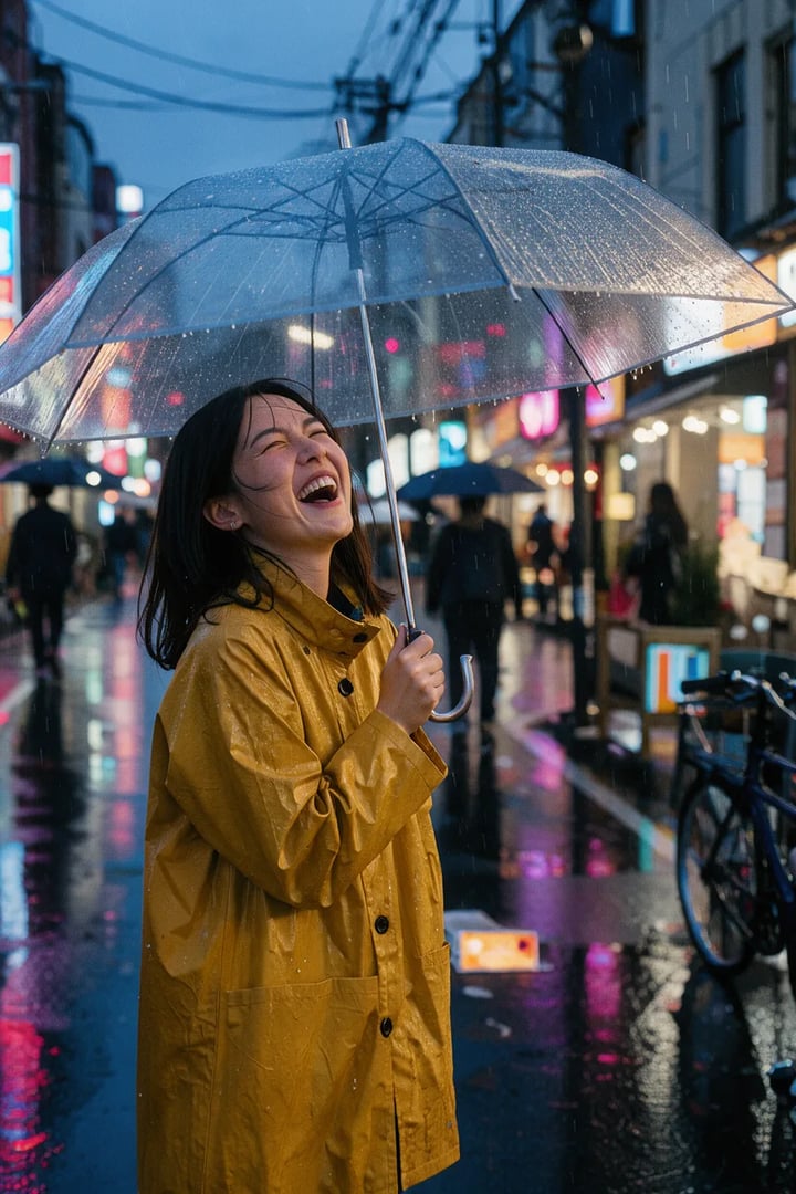 Woman in a mustard raincoat laughing under a clear umbrella on a neon-lit wet street, made with FLUX 3 Klein