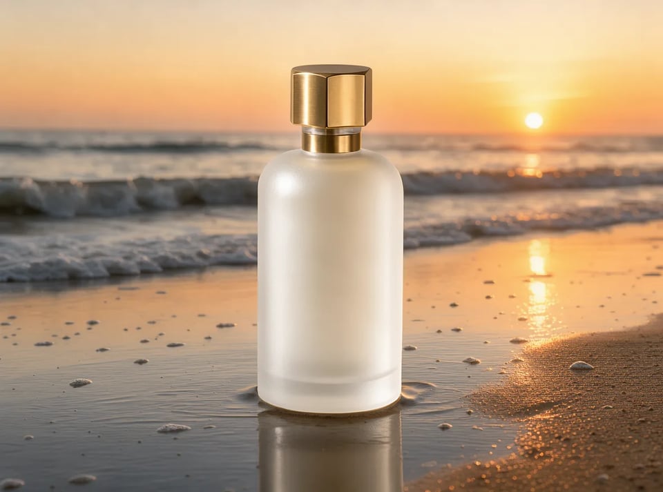 The same bottle standing on wet sand at a sunset beach