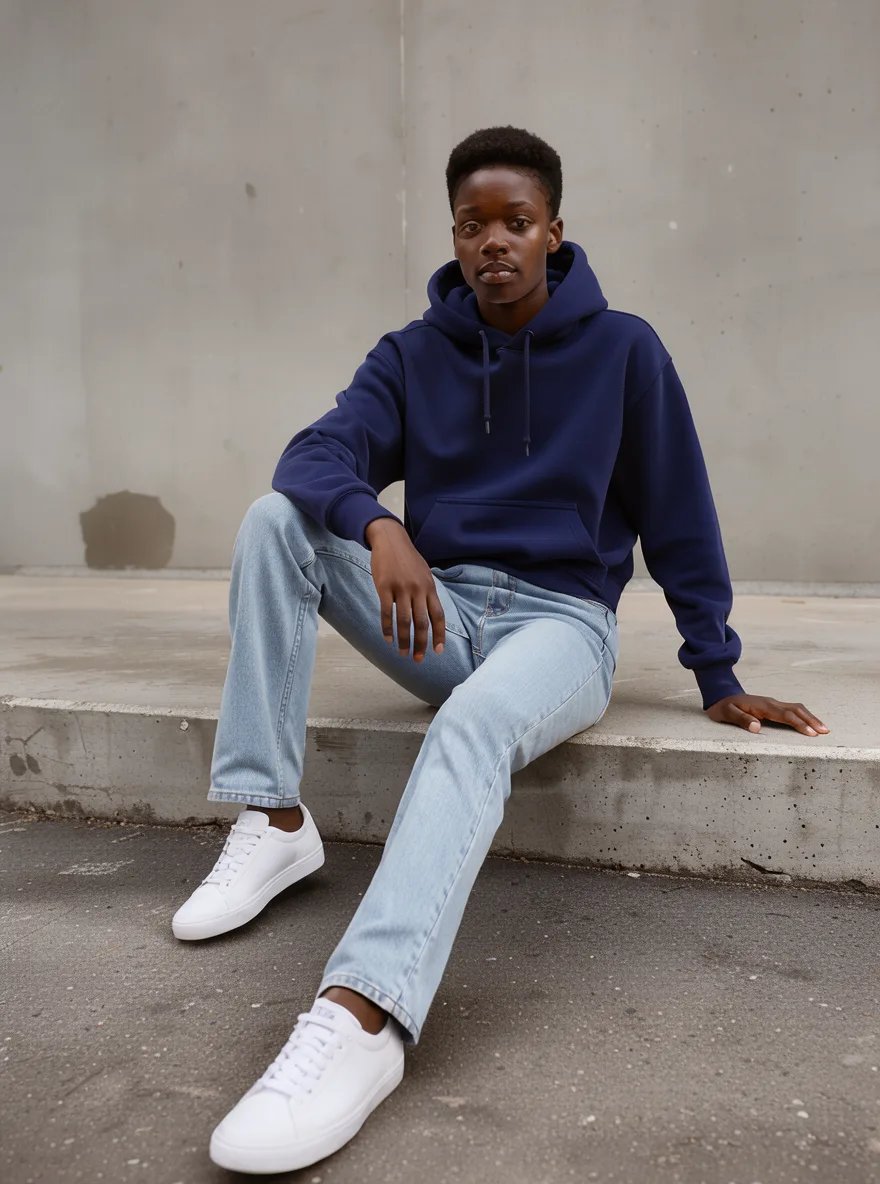 The same model and pose in a navy hoodie