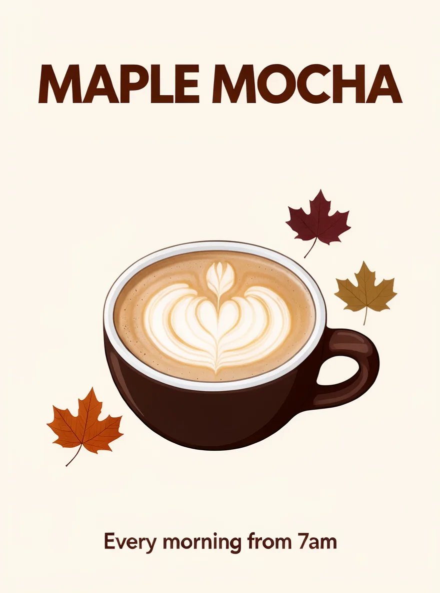 The same poster reading MAPLE MOCHA with a dark brown cup